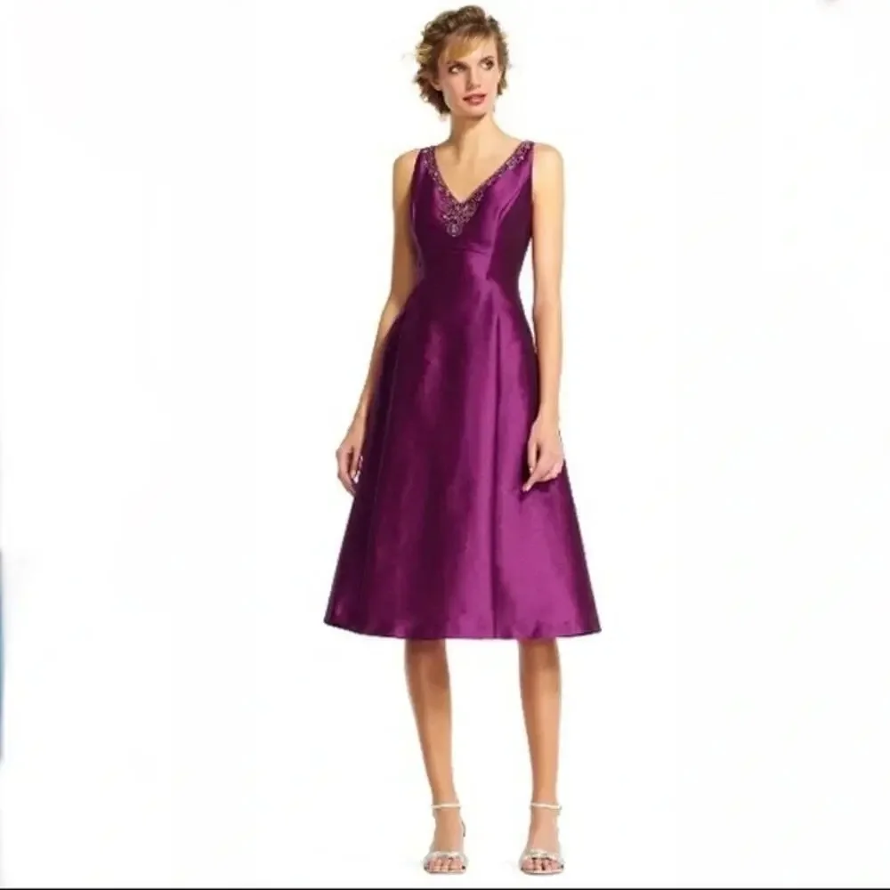 Adrianna Papell purple embellished cocktail holiday midi dress sz 8 - Picture 1 of 7